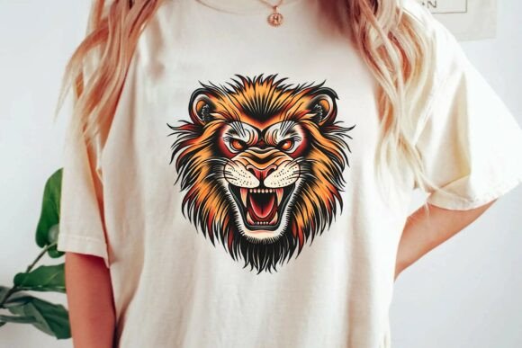 Aggressive Roaring Lion Head Traditional Tattoo Style T-Shirt Design Png