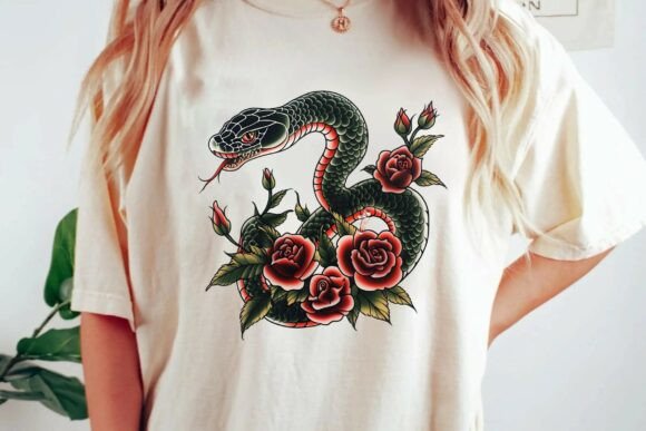 Snake & Roses Tattoo Flash: A Modern Design Asset