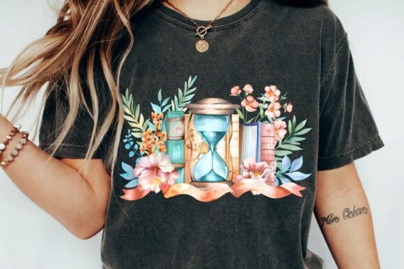 Watercolor Vintage Hourglass and Books with Floral Clipart Design PNG